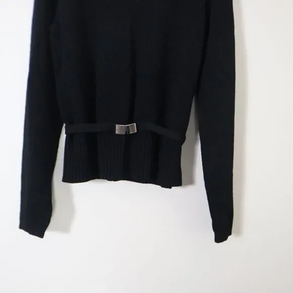 Margaret O'Leary Size 1/S Black Viscose Knit Sweater Belted V Neck Pullover - Picture 4 of 10